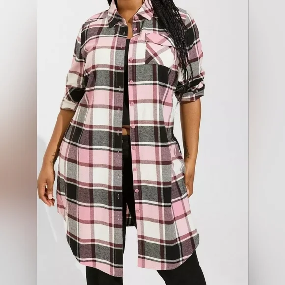 Torrid Pink and Black Plaid Shacket Shirt Torrid Size 0/L/12 NWT - Picture 2 of 8